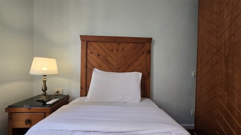Single bed with a wooden headboard and a bedside lamp